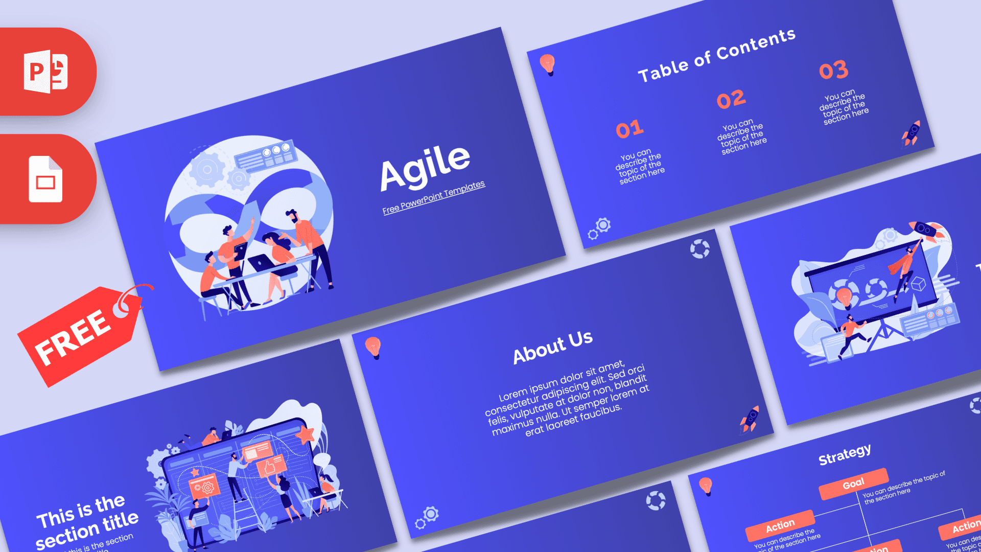 Agile PowerPoint template cover slide featuring blue background, orange accents, and illustrated team collaboration scene