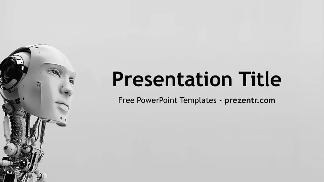 AI PowerPoint Template cover slide featuring white robot head profile against gray background on left