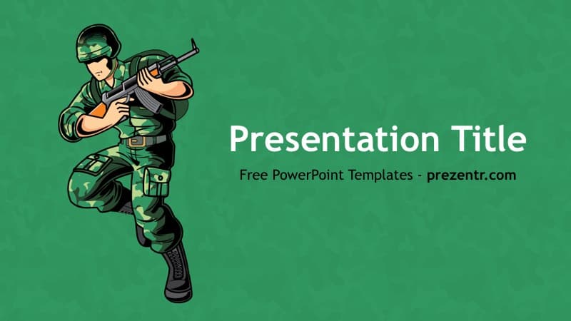 Army PowerPoint Template with cartoon soldier in green uniform on teal background, title placeholder on right