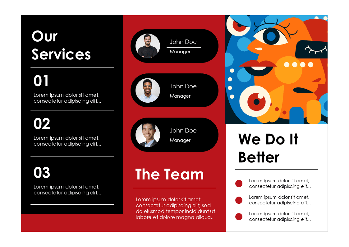Artistic Flyer PowerPoint Template slide with red, black, and white layout featuring team members, services, and colorful