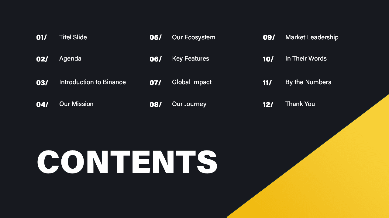 Binance PowerPoint Template contents slide with numbered sections 01-12 on dark background and yellow diagonal accent