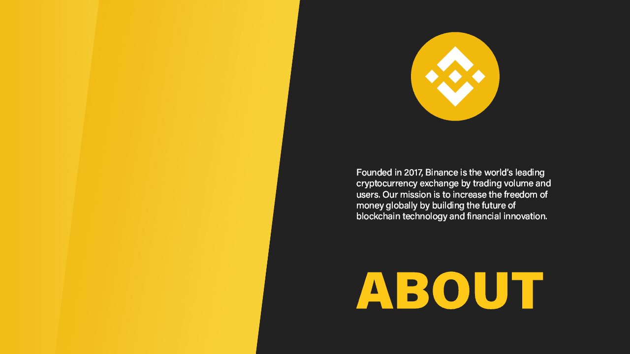 Binance PowerPoint template About slide with yellow and black diagonal split, Binance logo, and company mission text