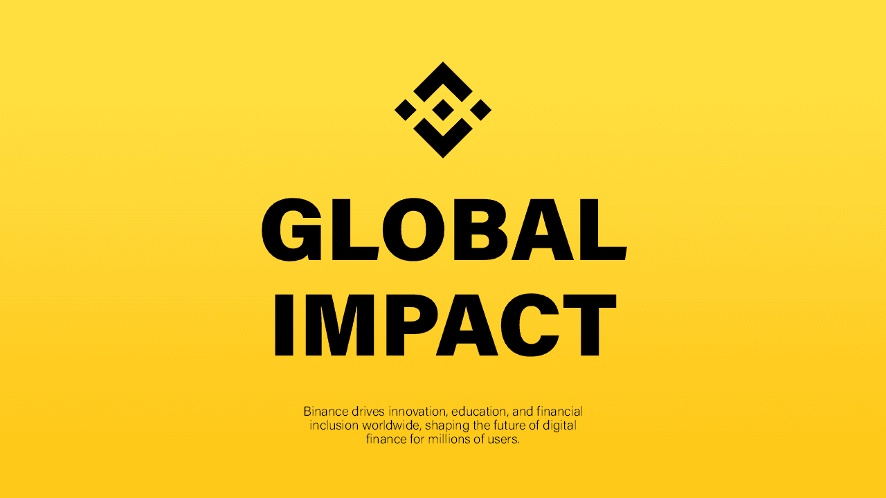 Binance PowerPoint Template slide with yellow background, black geometric logo, and "Global Impact" heading
