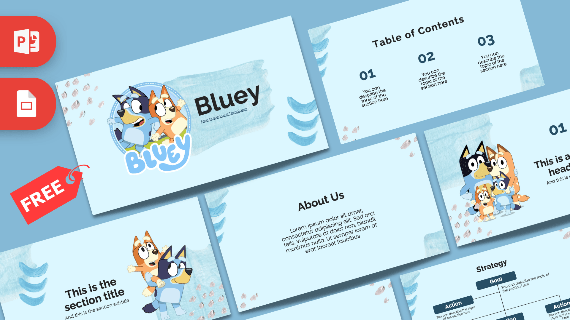 Bluey PowerPoint Template cover slide with blue watercolor background and animated cartoon characters