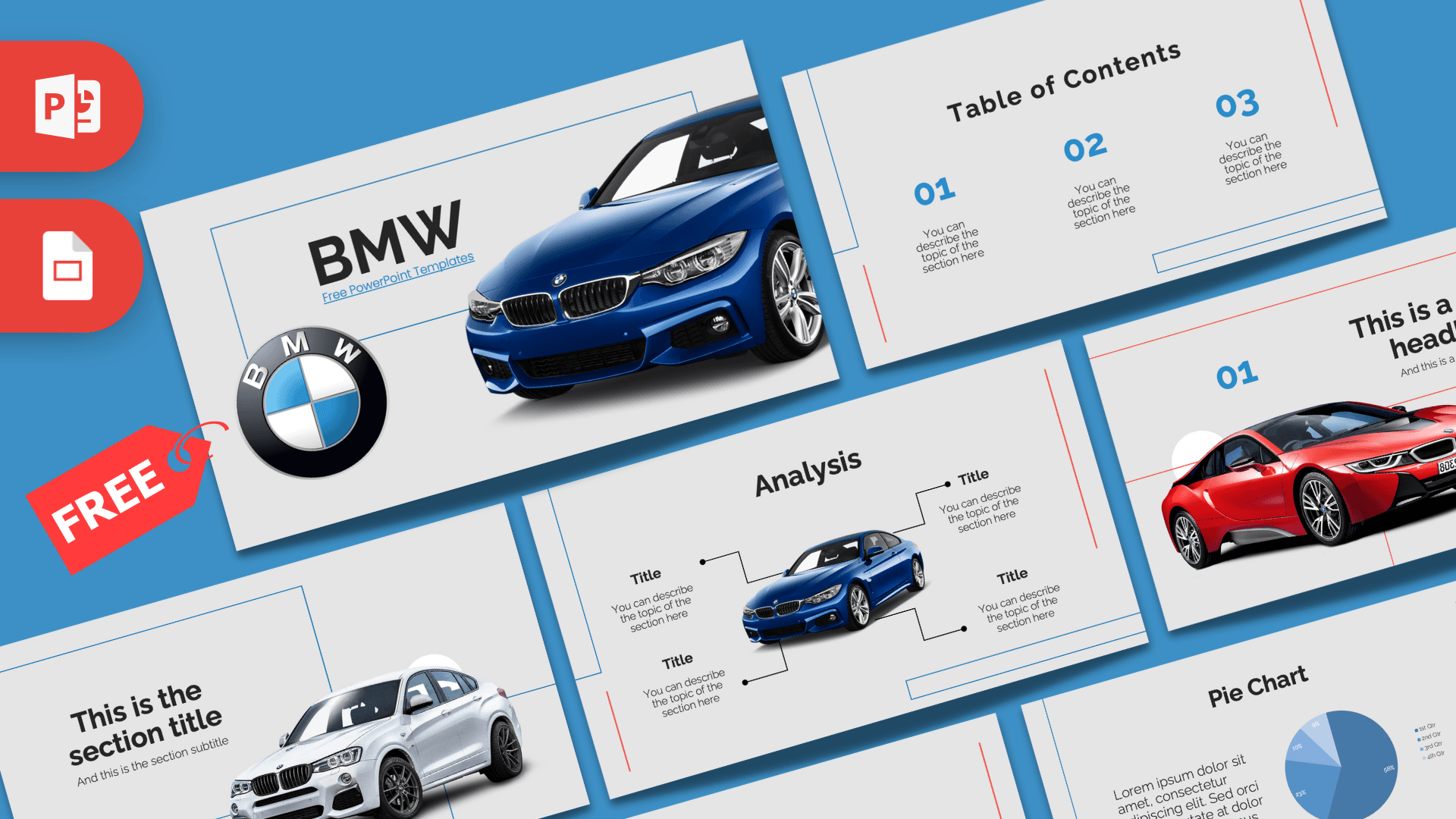BMW PowerPoint Template cover slide with blue car image, logo, and table of contents layout