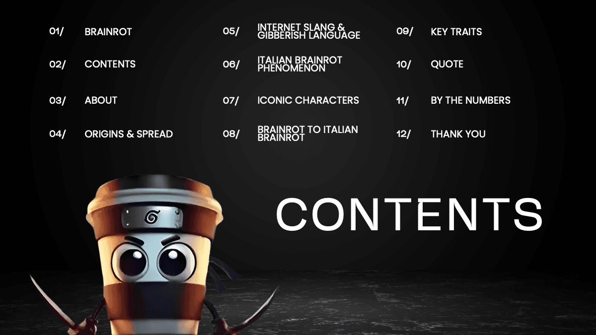 Brainrot template contents slide with animated coffee cup character and black layout with white text menu