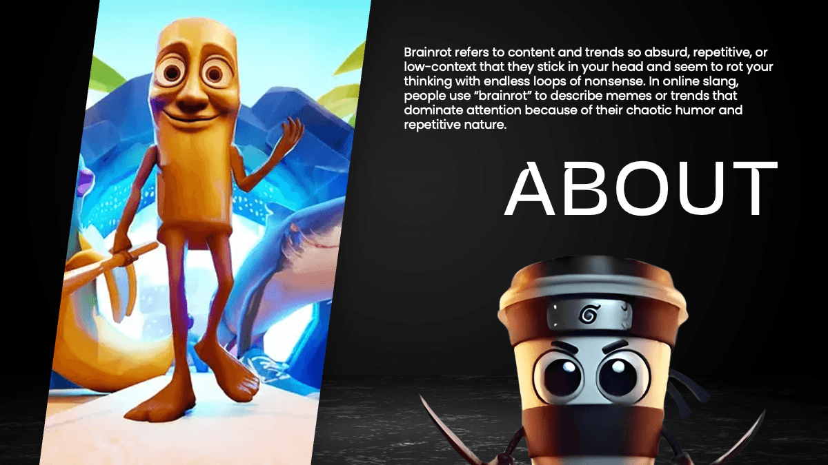 Brainrot PowerPoint template slide with animated characters and "ABOUT" text on black background