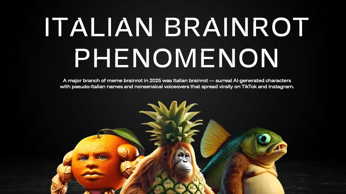 Brainrot PowerPoint template slide with surreal AI characters and dark layout explaining Italian brainrot phenomenon