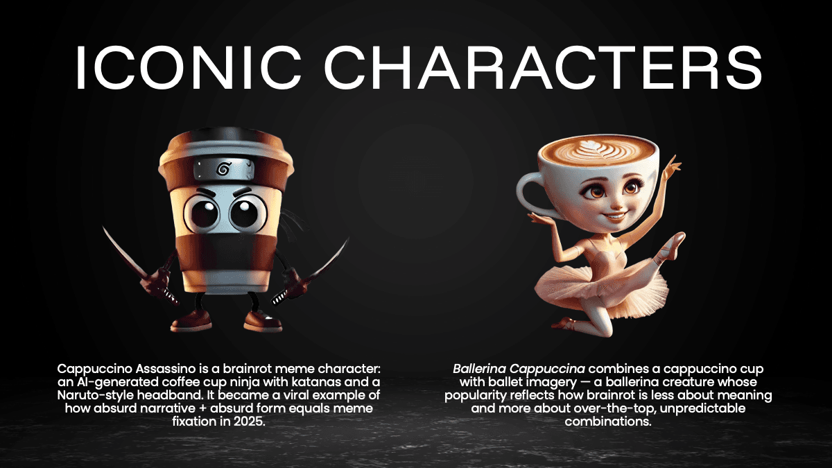 Brainrot PowerPoint template slide featuring two cartoon coffee characters against black background with descriptive text
