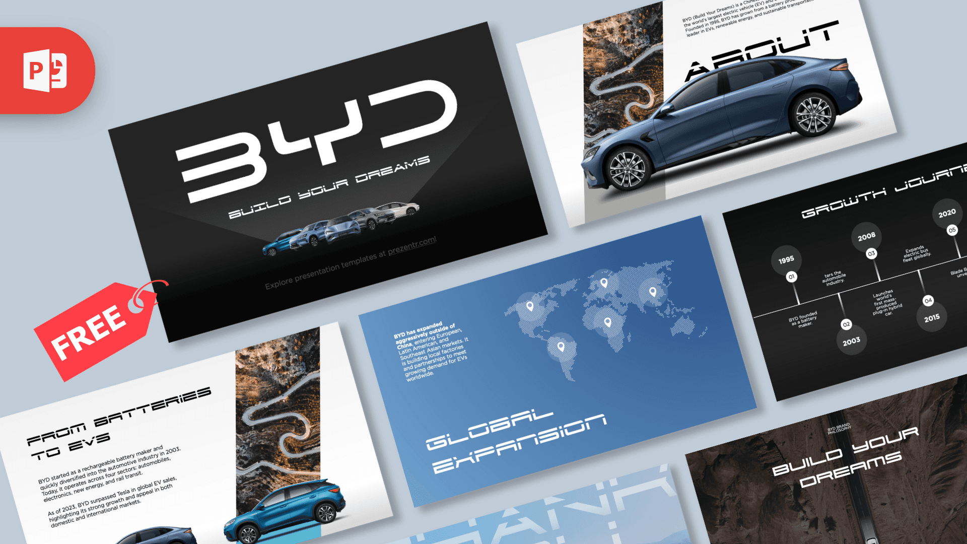 BYD PowerPoint Template cover slide with blue car and dark header on gray background