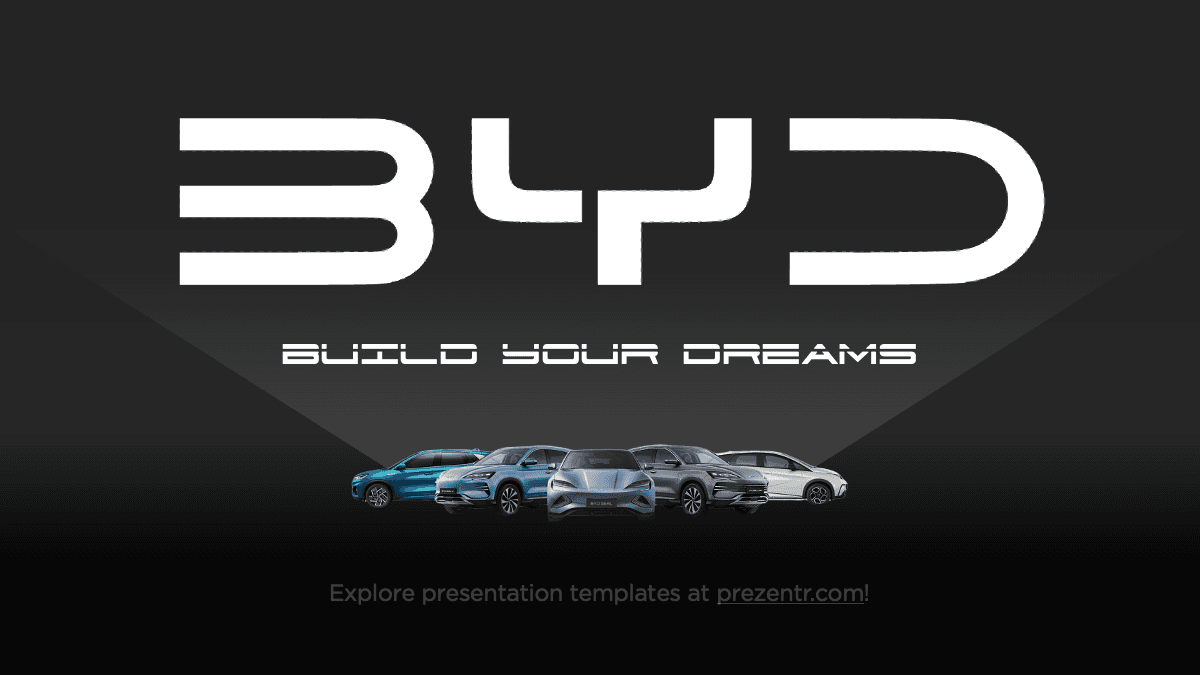 BYD PowerPoint Template slide featuring dark background, white logo, tagline, and lineup of electric vehicles