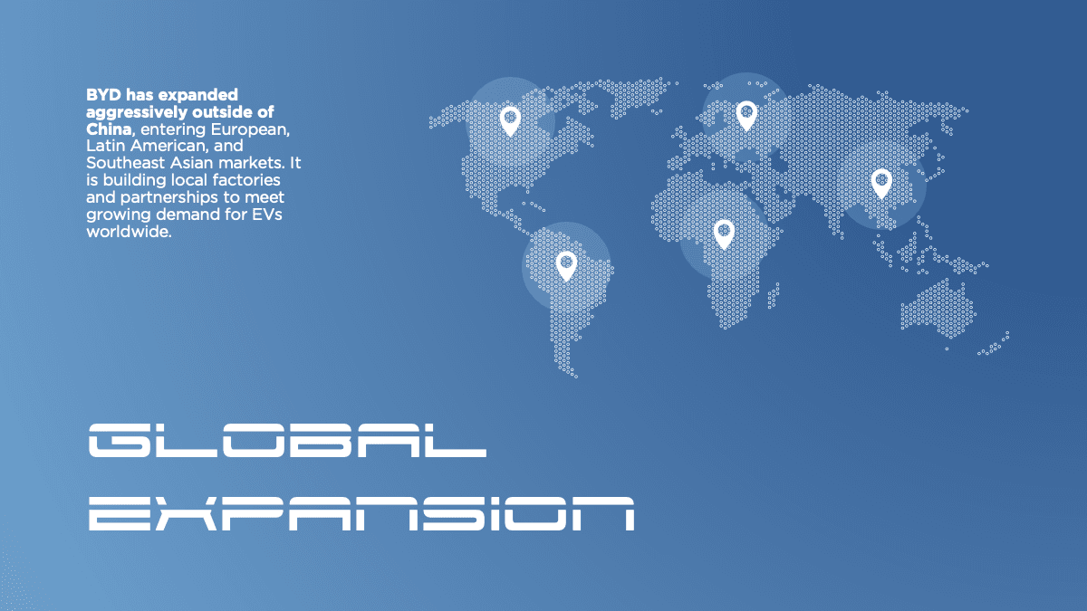 Blue world map with location pins showing BYD's global expansion strategy for electric vehicle manufacturing and partnerships