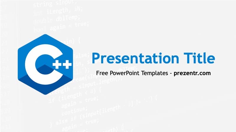 C++ PowerPoint template cover slide with blue hexagon logo, white C++ symbol, and gray code background