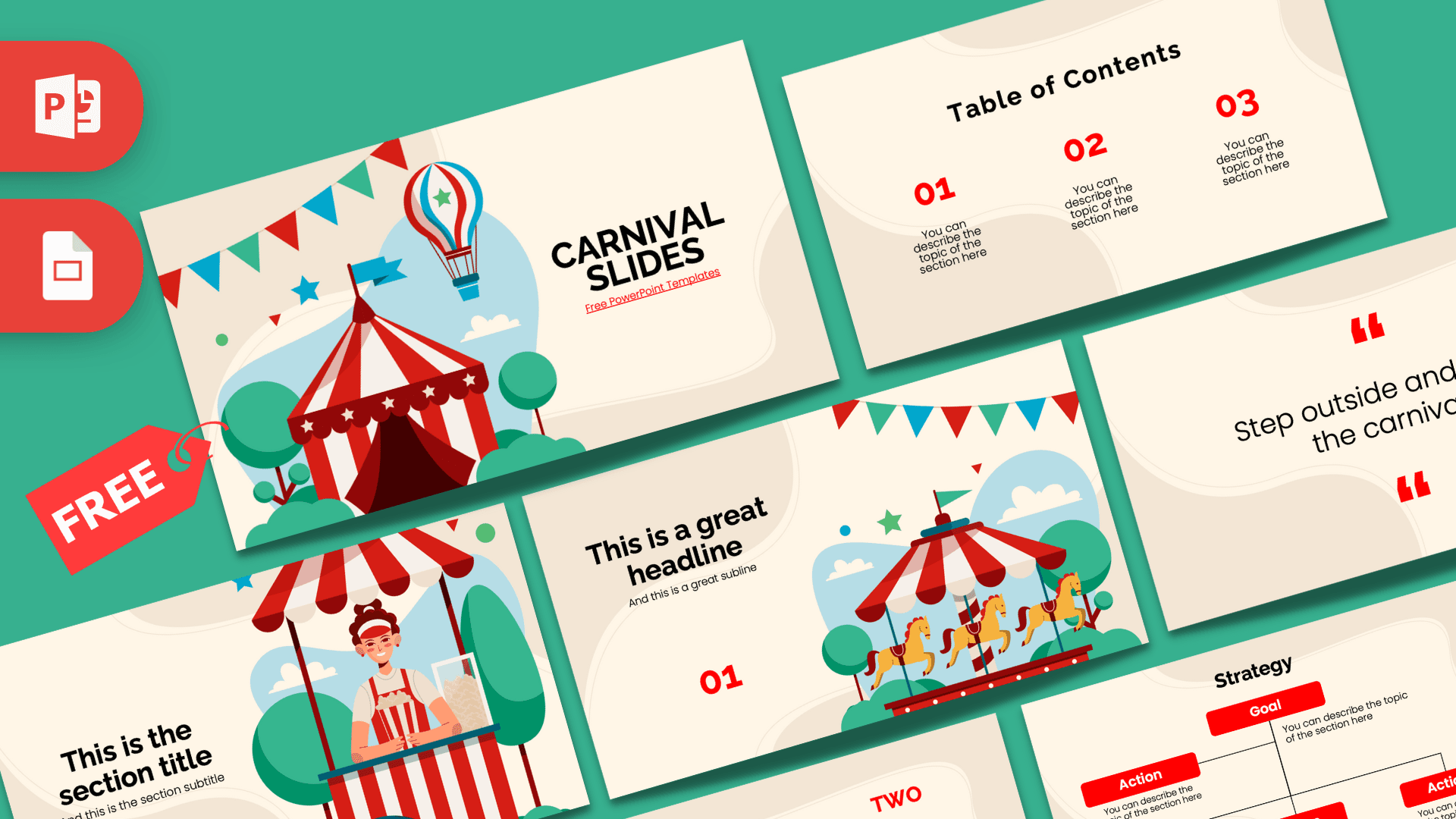 Carnival Slides template cover with red circus tent, hot air balloon, bunting, and teal background