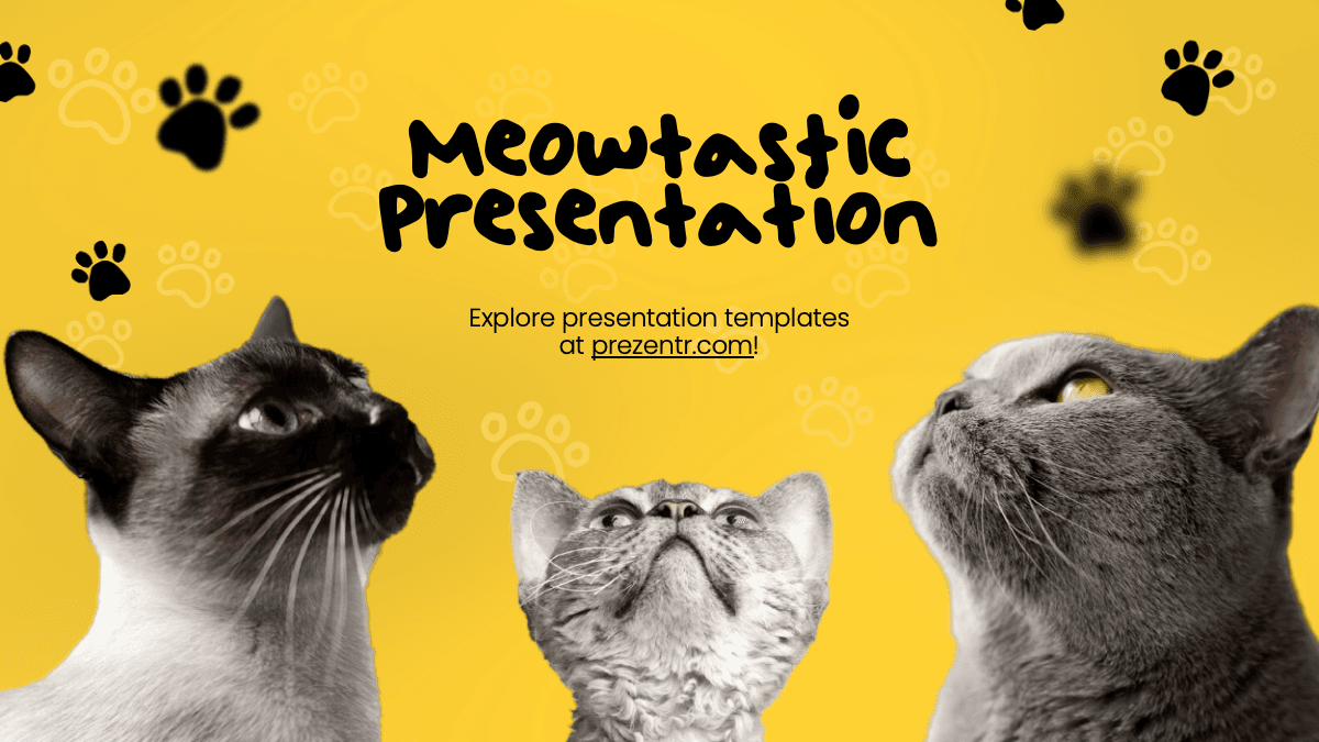 Cats PowerPoint Template slide: three cats looking upward on yellow background with paw prints and "Meowtastic Presentation"