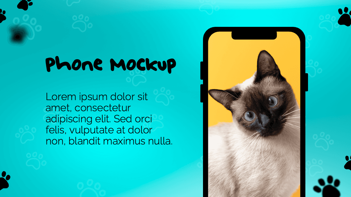 Cats PowerPoint template slide with turquoise background, phone mockup displaying siamese cat on yellow screen, and