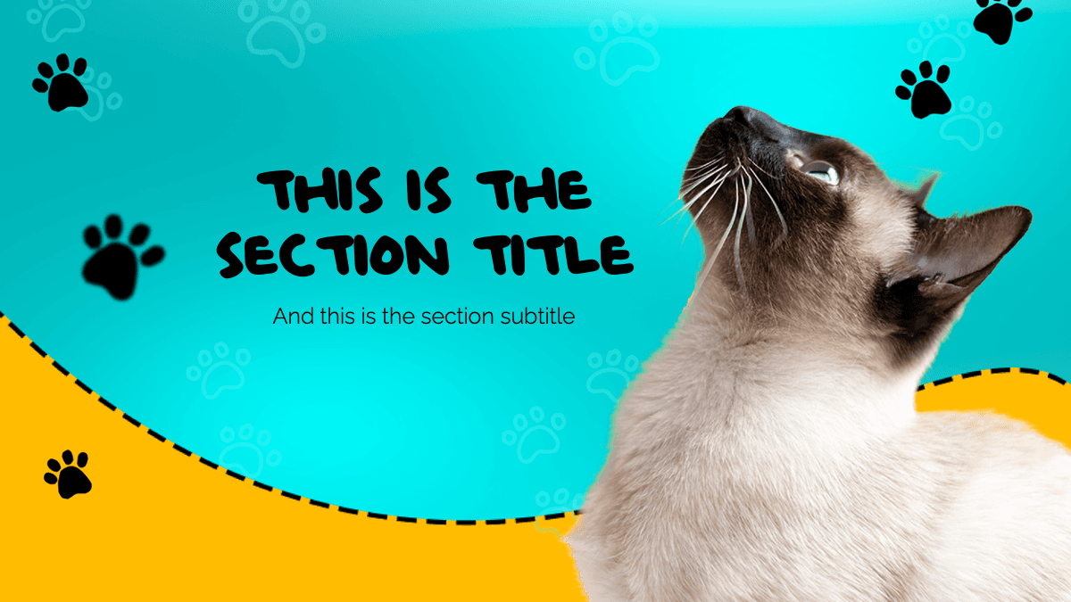 Cats PowerPoint Template slide with turquoise and yellow design, cat looking upward, paw print decorations
