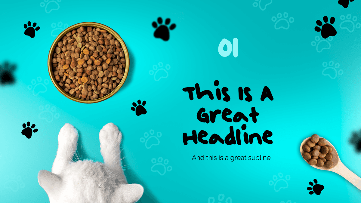 Cats PowerPoint Template slide with turquoise background, white cat paws, pet food bowl and wooden spoon
