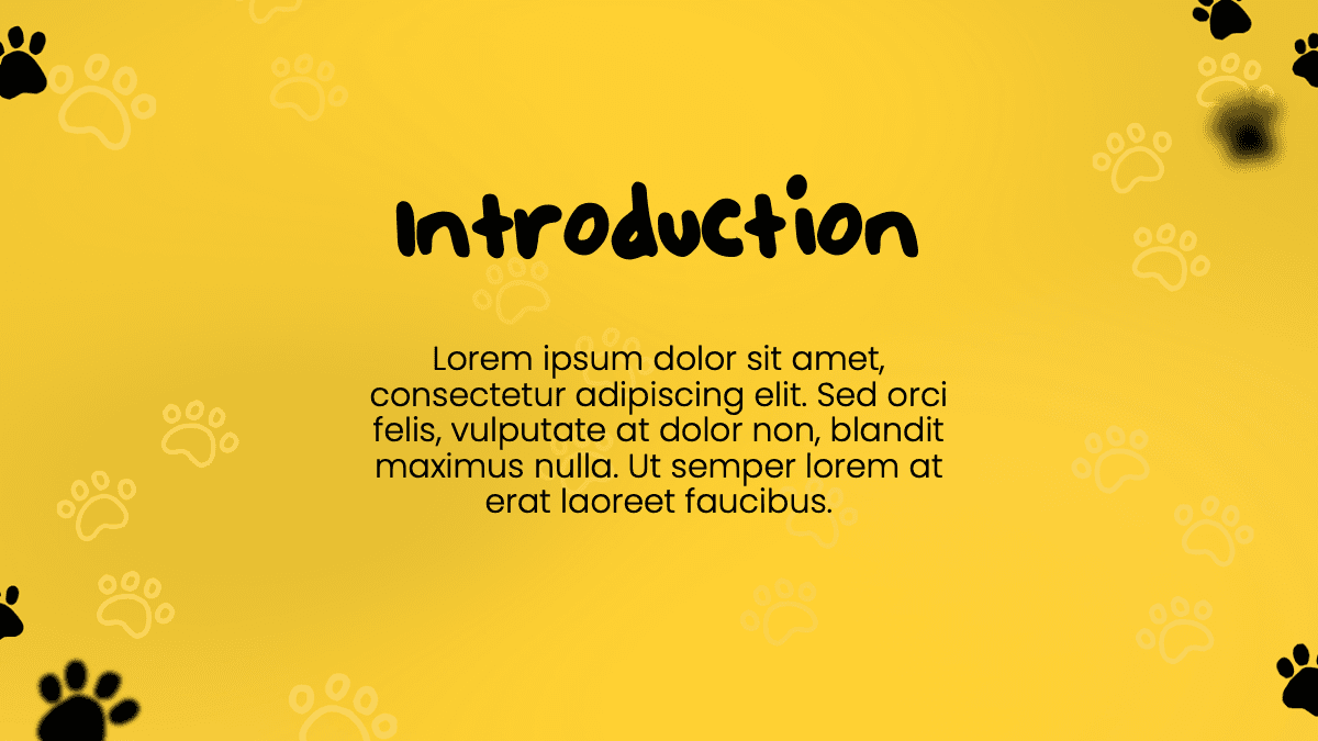 Yellow slide with paw prints featuring "Introduction" title and Lorem ipsum text in Cats PowerPoint Template
