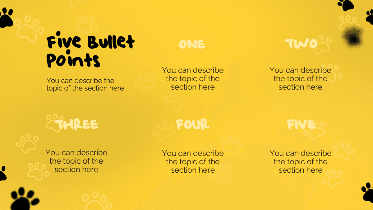 Cats PowerPoint Template slide with yellow background, paw print decorations, and five numbered sections for bullet points