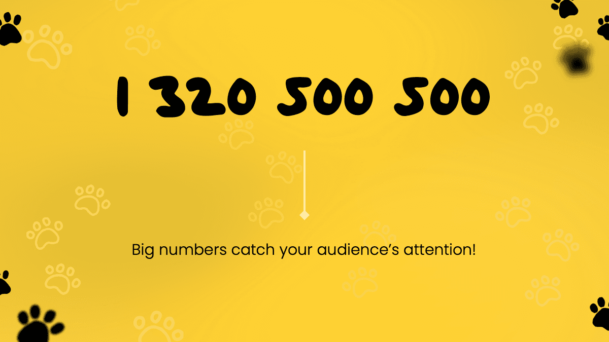 Cats PowerPoint Template slide with yellow background, paw prints, large number display, and attention-grabbing text