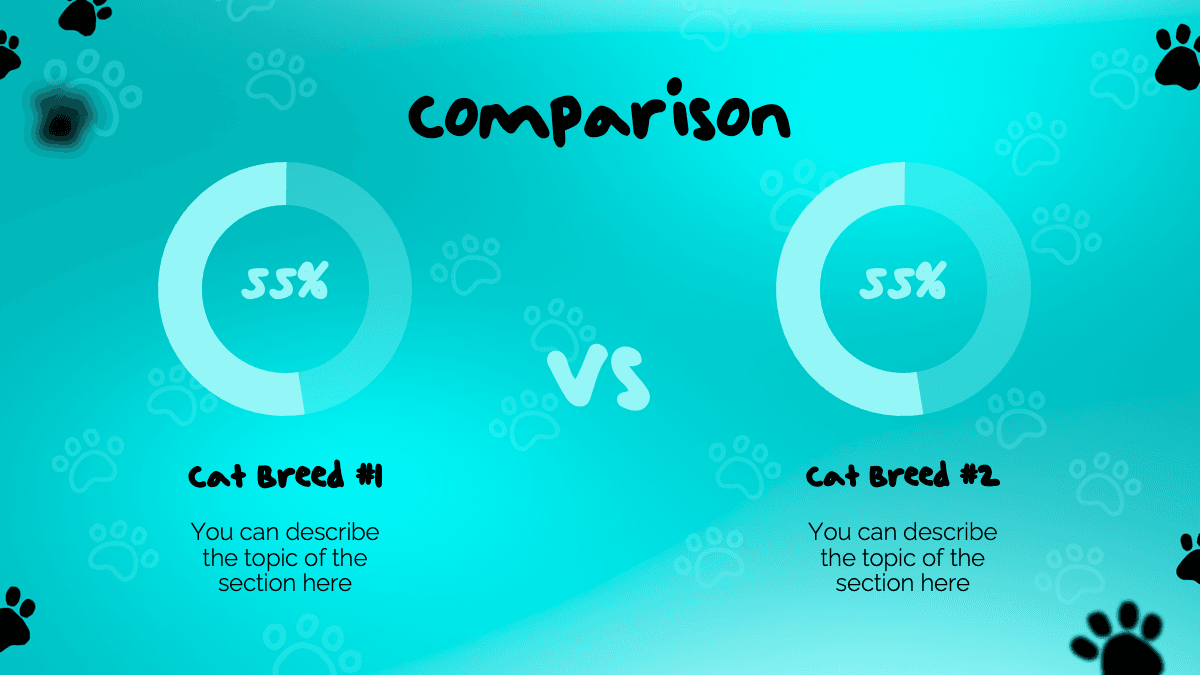 Cats PowerPoint Template comparison slide with turquoise background, two 55% donut charts, and paw print decorations