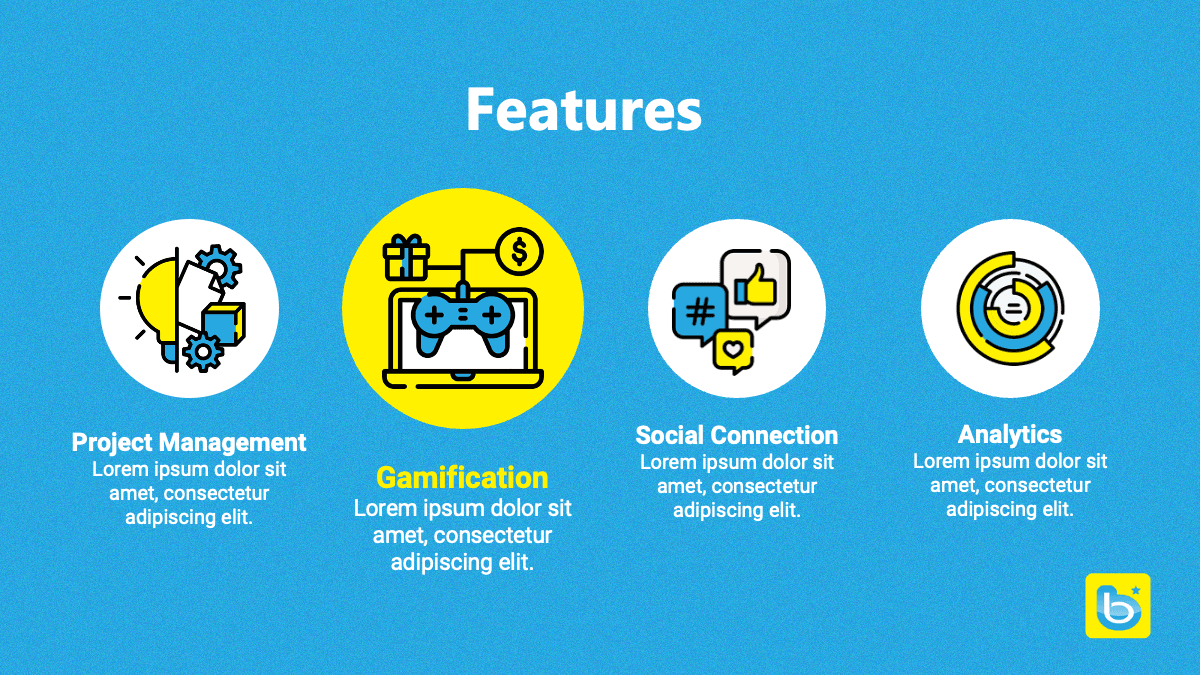 Chat GPT template slide featuring four feature icons in circles on blue background: Project Management, Gamification, Social