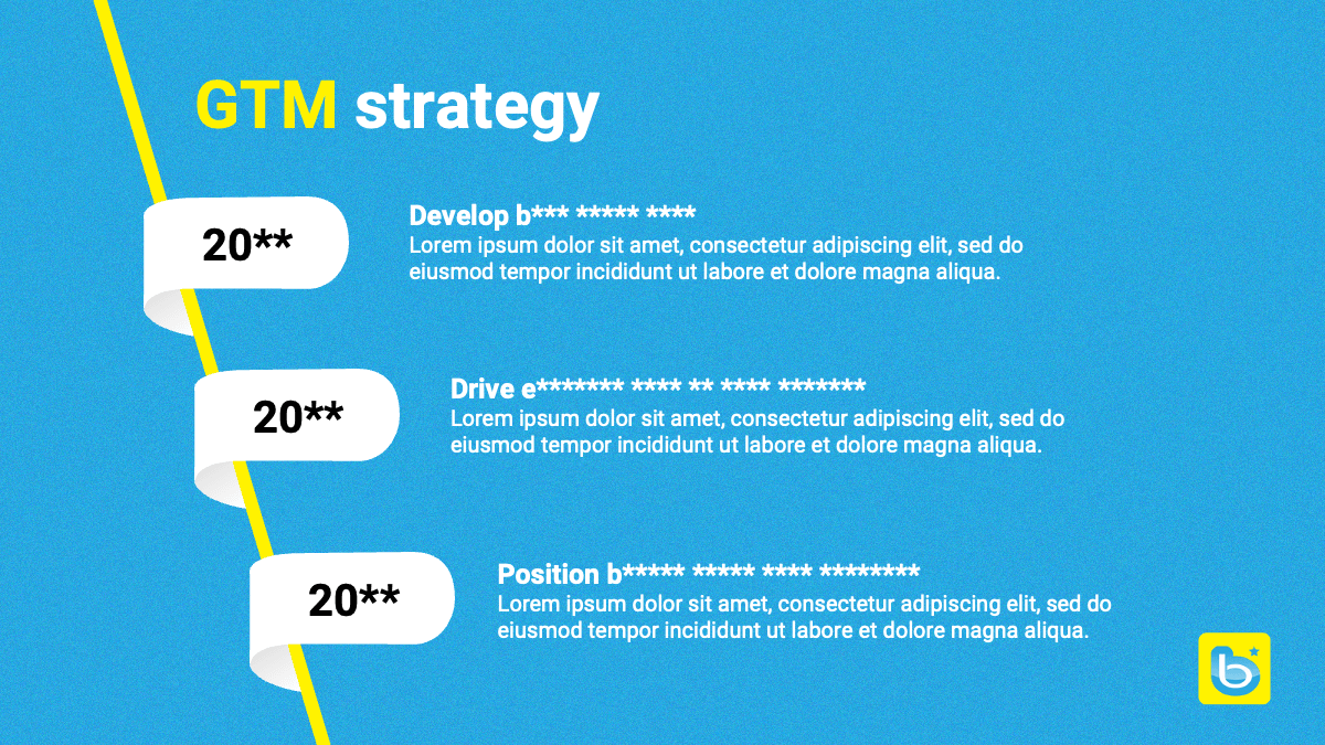 GTM strategy timeline slide with blue background, yellow vertical line, and three white rounded boxes labeled 20** showing
