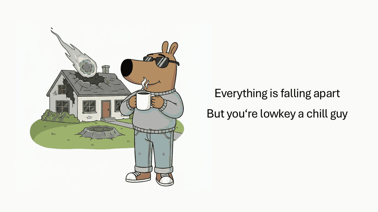Chill Guy Meme template slide: cartoon dog with sunglasses holding coffee, house falling apart behind, motivational text