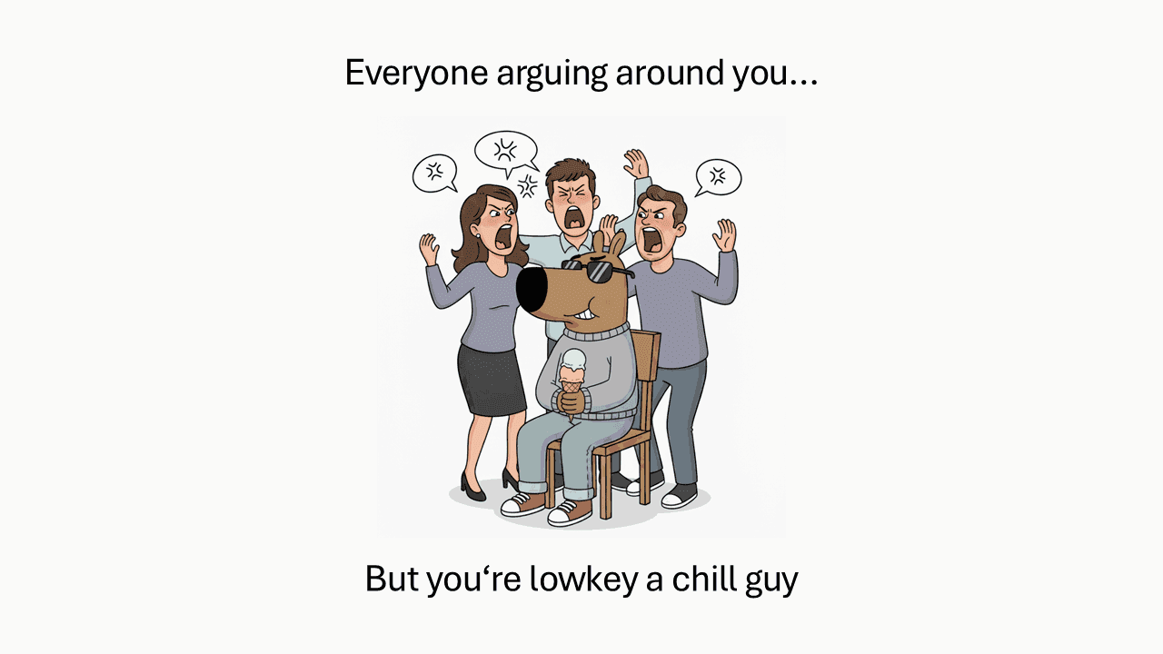 Chill Guy Meme template: seated figure surrounded by arguing people with speech bubbles, light background