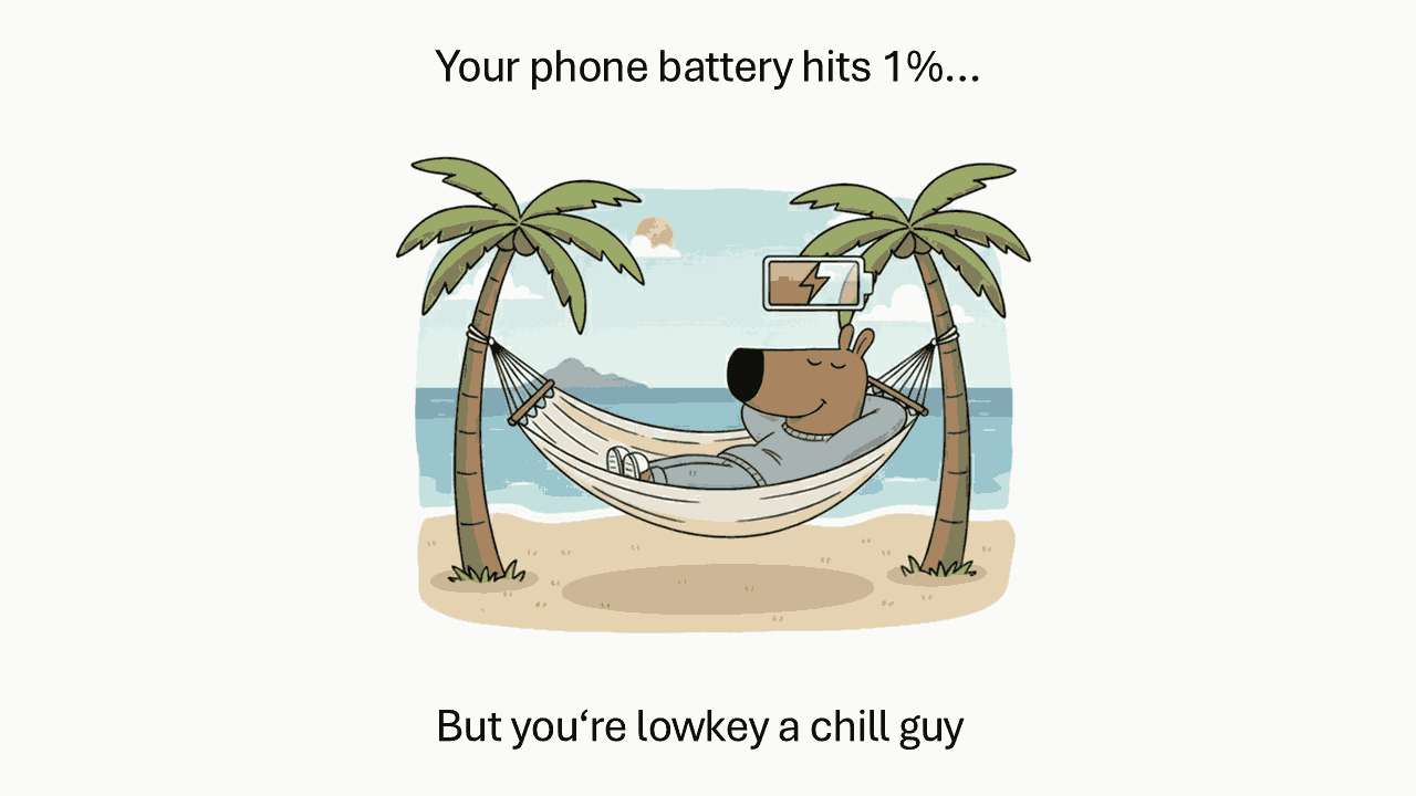 Chill Guy Meme template: relaxed figure in hammock between palm trees with low battery icon