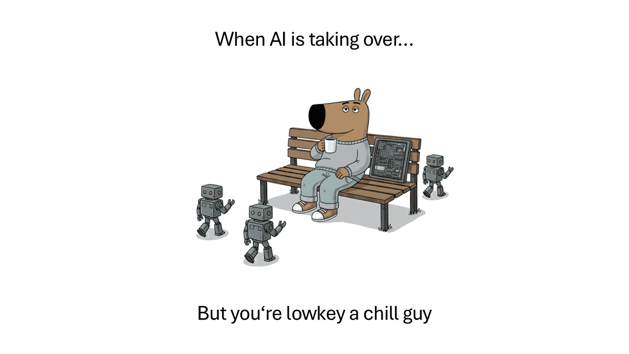 Chill Guy Meme template: cartoon dog on bench surrounded by small robots, relaxed vibe with brown and gray tones