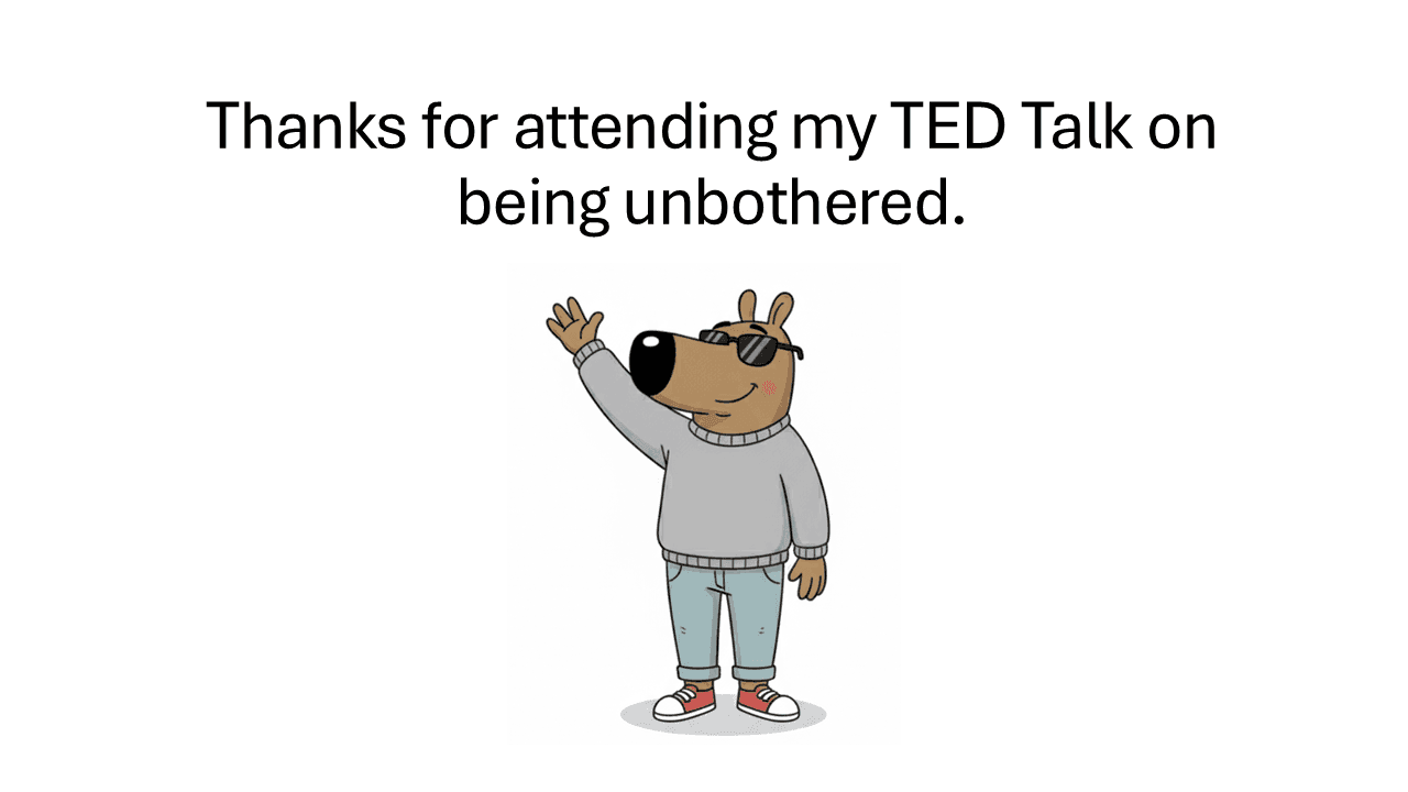 Chill Guy Meme PowerPoint Template slide with cartoon character in sunglasses waving, gray text thanking attendees