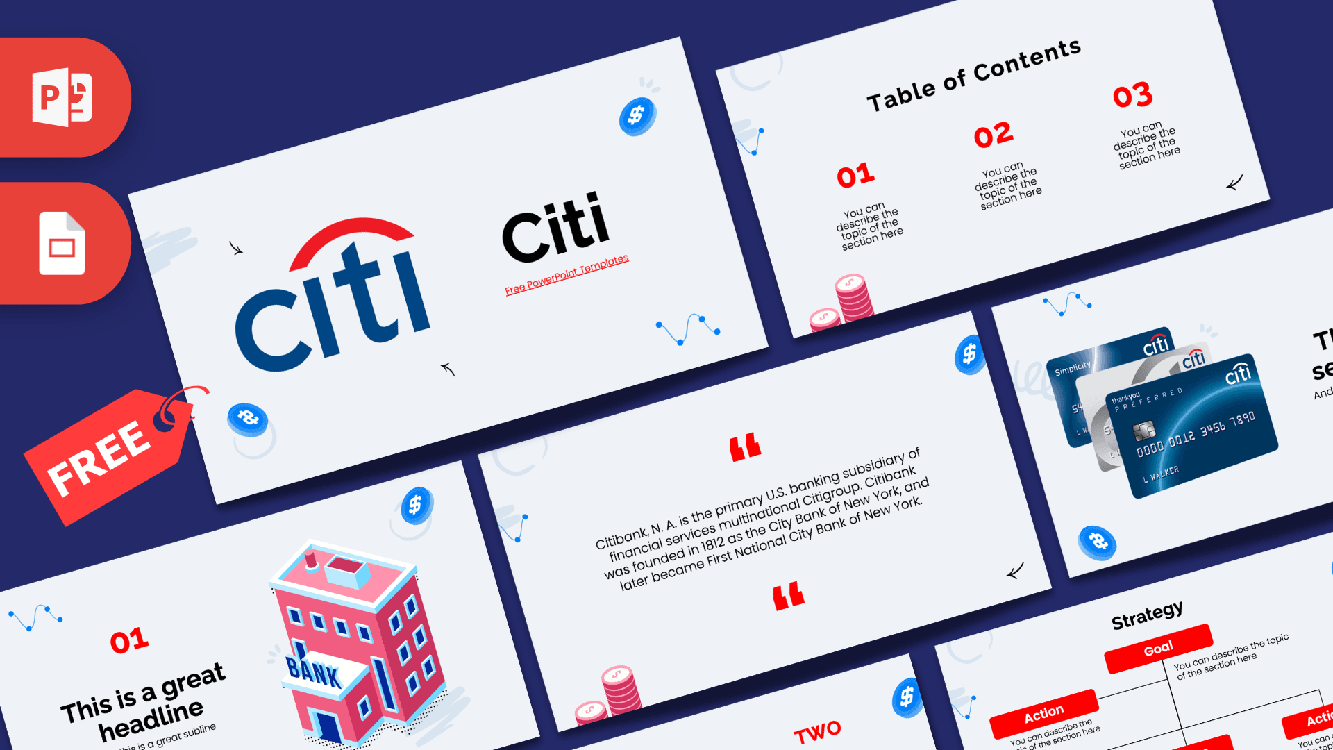 Citi PowerPoint template cover slide with blue and red design, bank building illustration, and financial icons