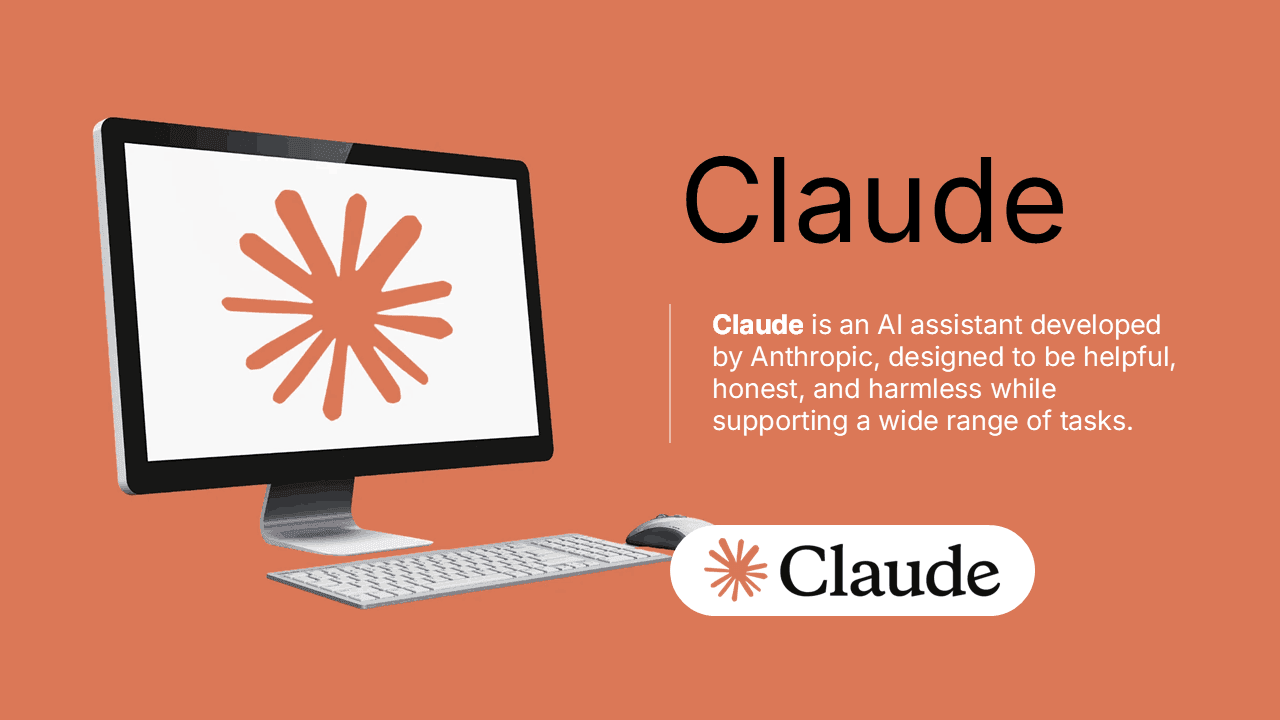 Claude PowerPoint Template slide: desktop setup with orange background, Claude logo, and description text