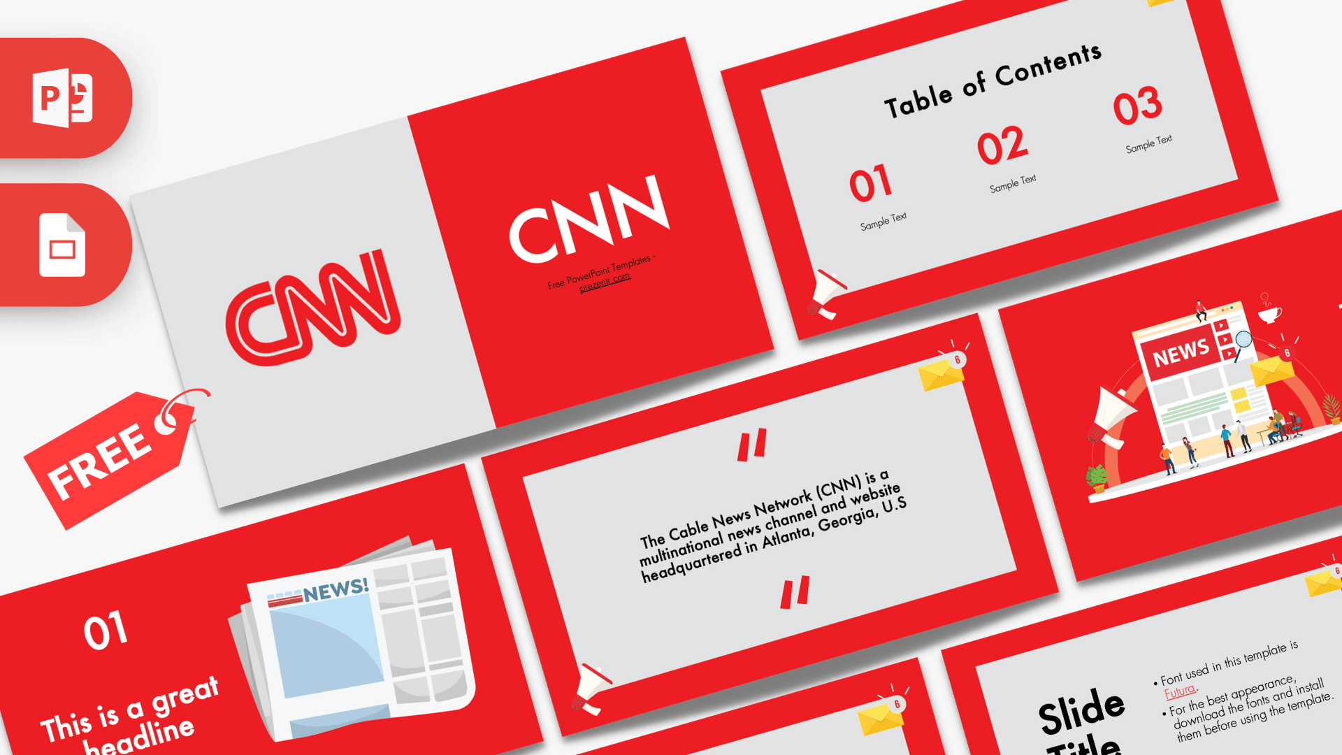 CNN PowerPoint Template cover slide with red and white design, news graphics, and logo layout