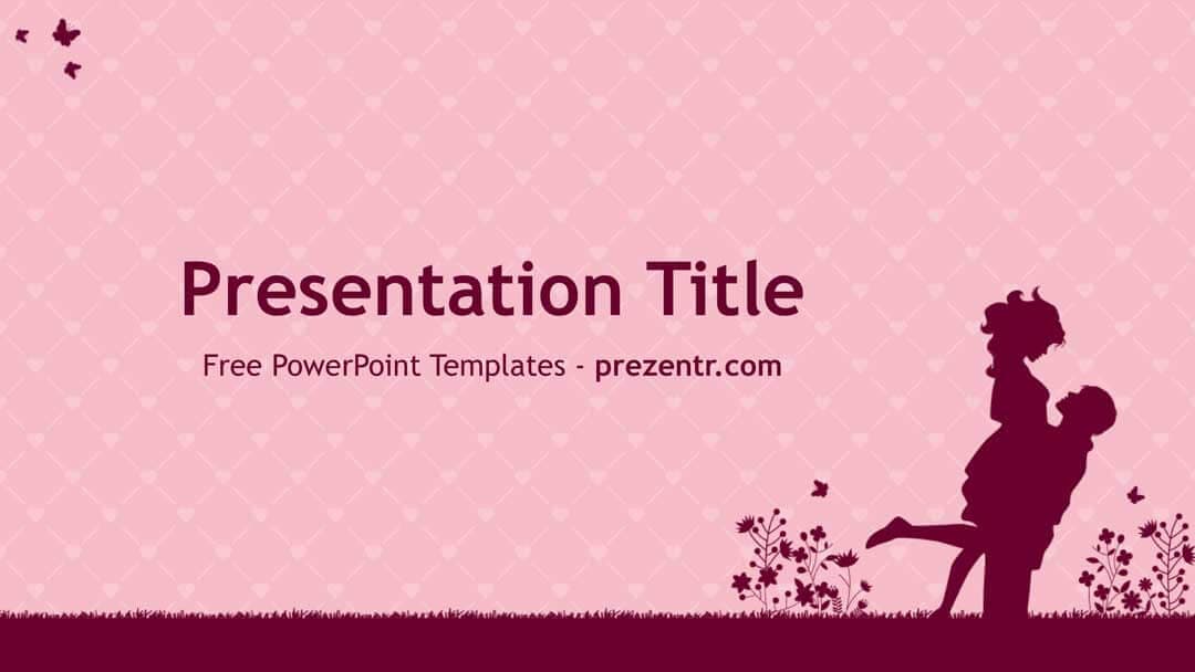 Couple PowerPoint Template cover slide with silhouette of man and woman on pink background, decorative plants and butterflies