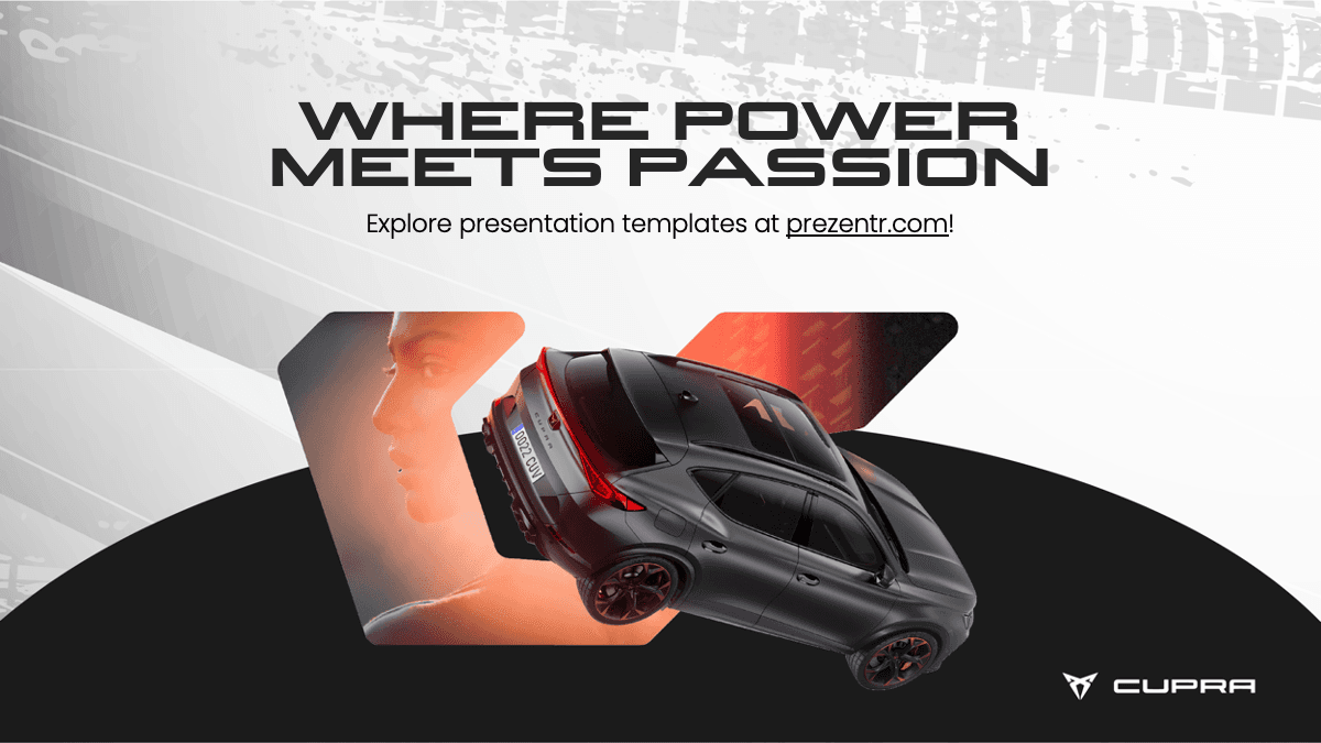 Cupra PowerPoint Template slide featuring sleek black sports car with orange lightning graphics and bold modern layout