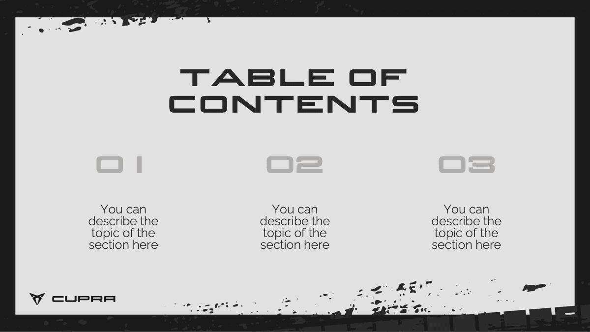 Cupra PowerPoint template table of contents slide with three numbered sections in minimalist monochrome design