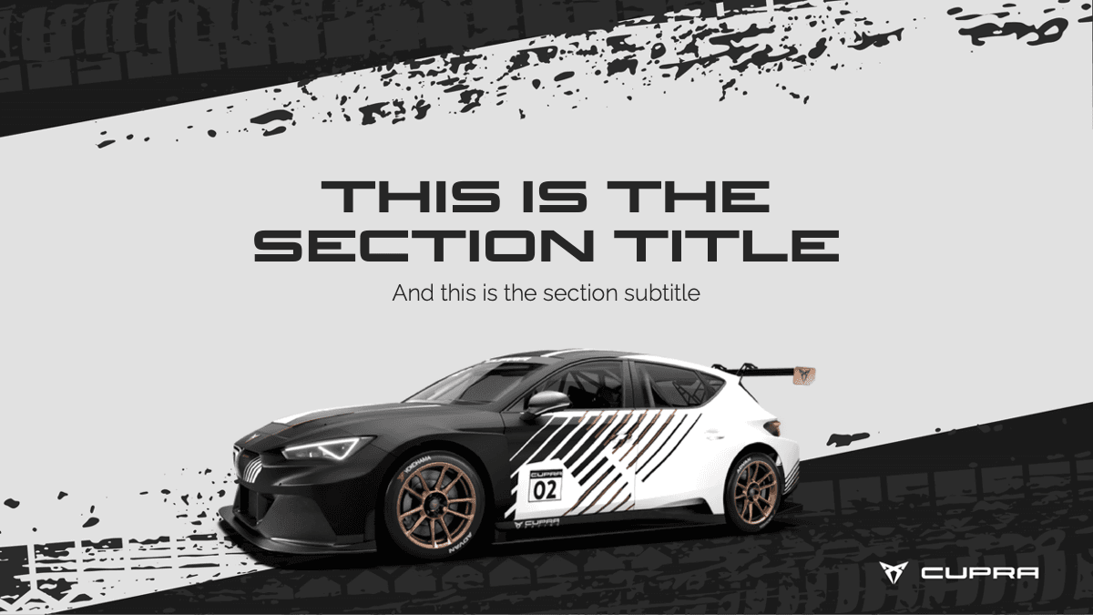 Cupra PowerPoint Template slide with black and white sports car, diagonal design elements, and title text layout
