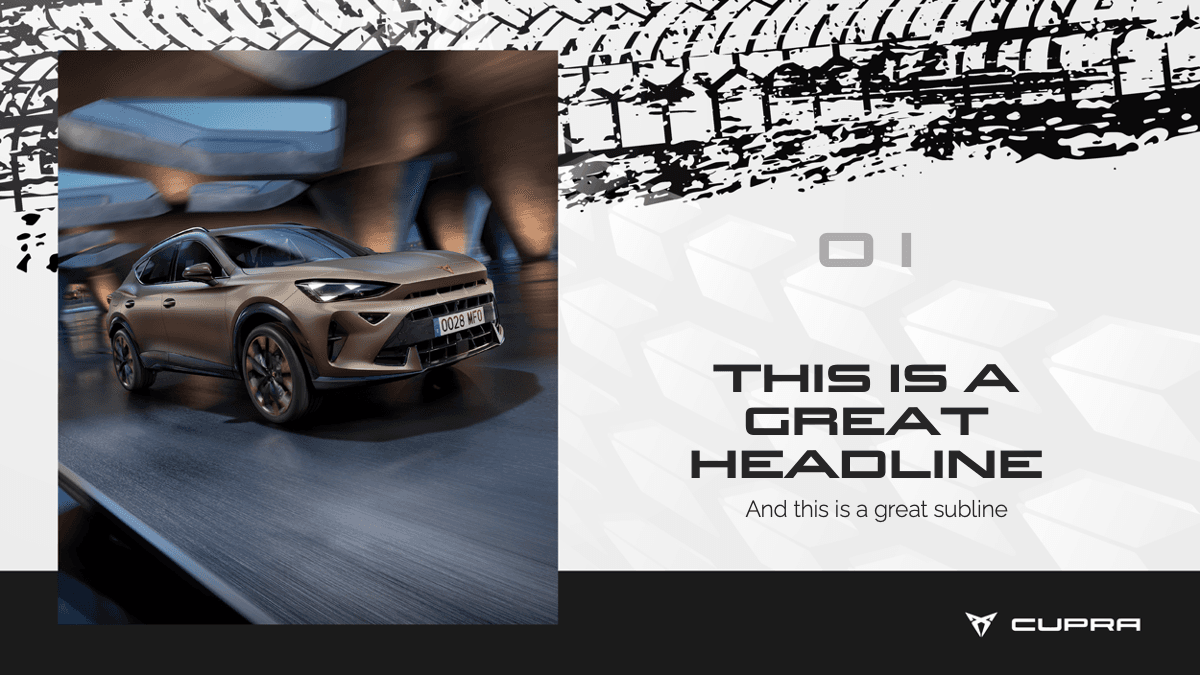 Cupra PowerPoint Template slide with gold SUV car image, bold headline text, and modern black-white layout
