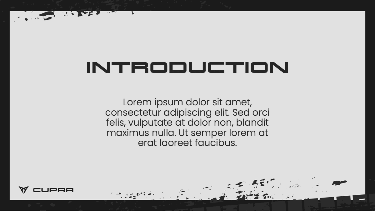 Cupra PowerPoint template introduction slide with black title text, Lorem ipsum body text, and Cupra logo on light background