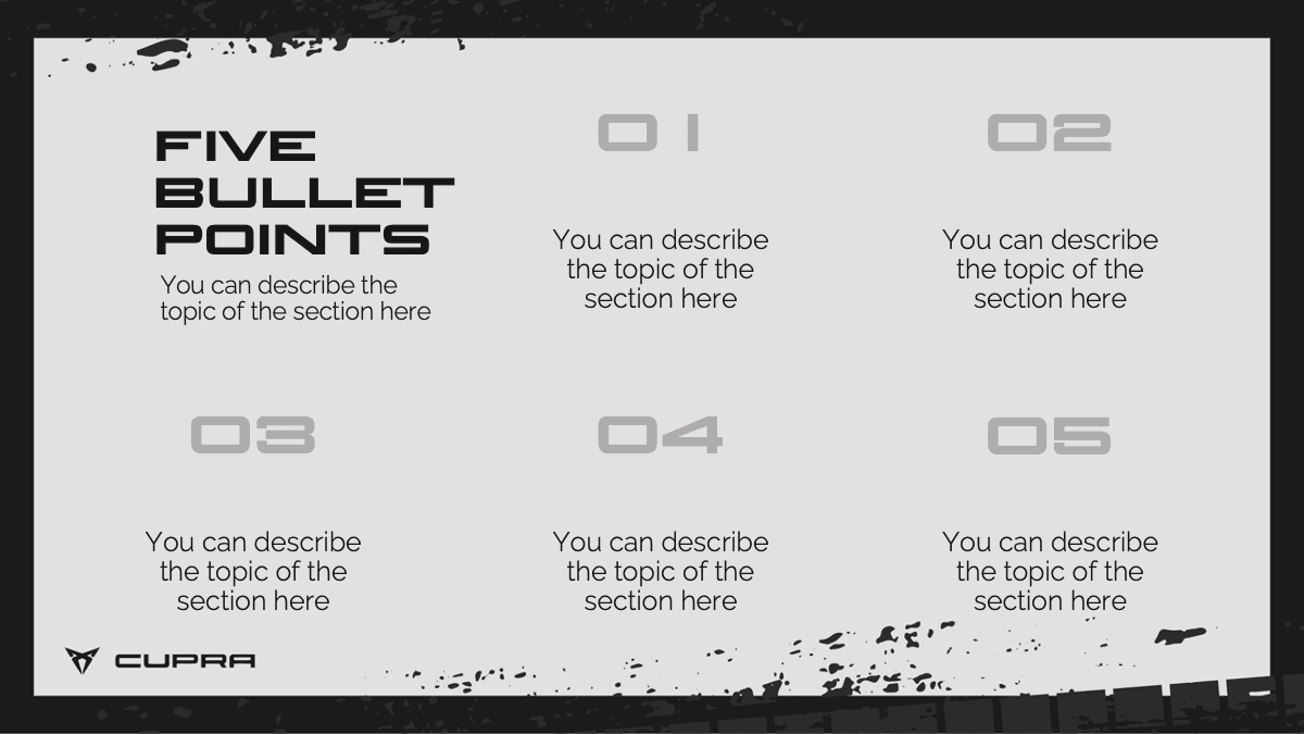 Cupra PowerPoint template slide with five numbered sections in a dark and light gray layout for bullet points