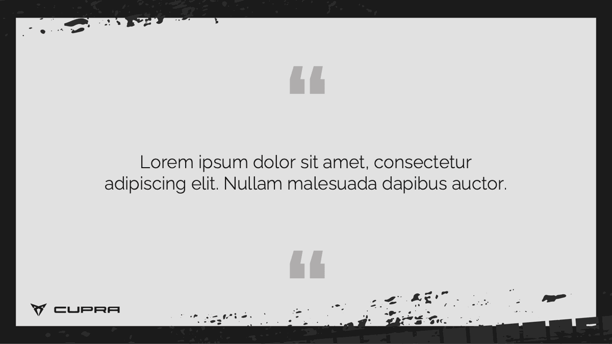 Cupra PowerPoint template slide with centered quotation marks, gray text on light background, minimalist layout