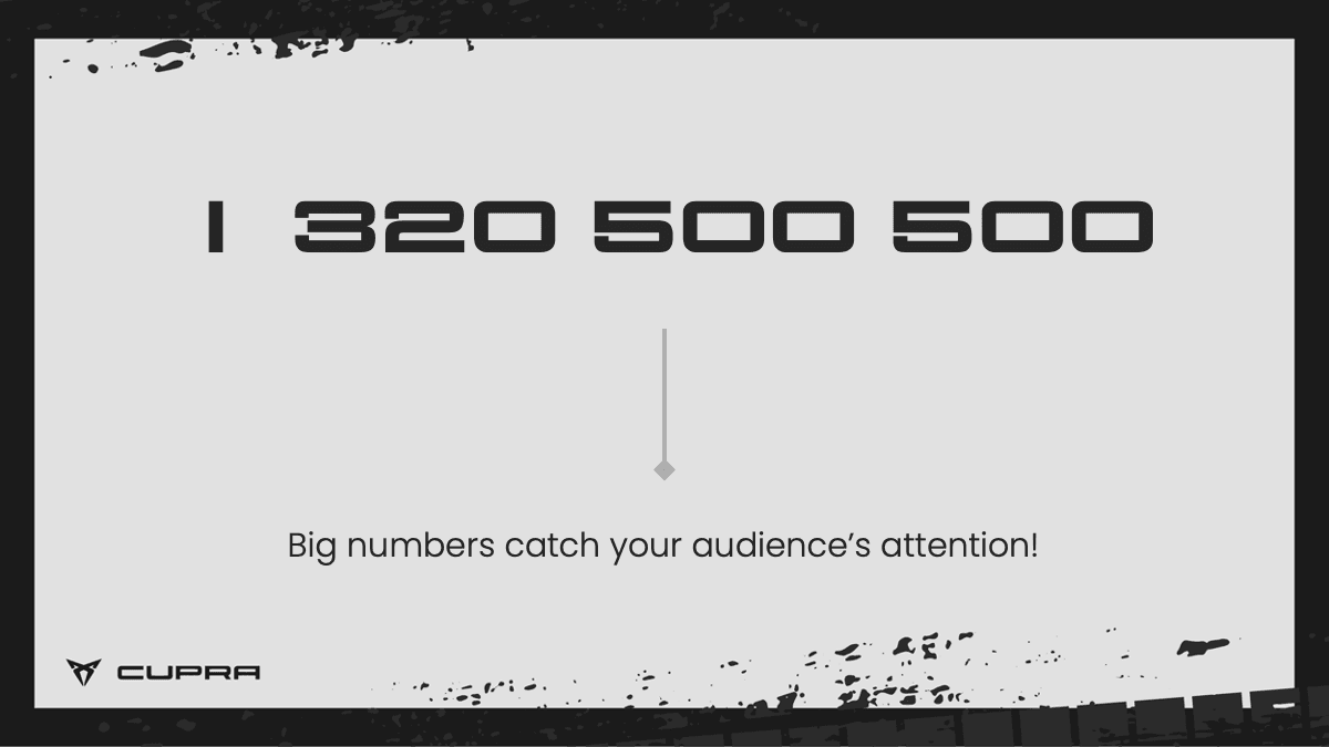Cupra template slide with large numbers "1 320 500 500" and text "Big numbers catch your audience's attention" on gray