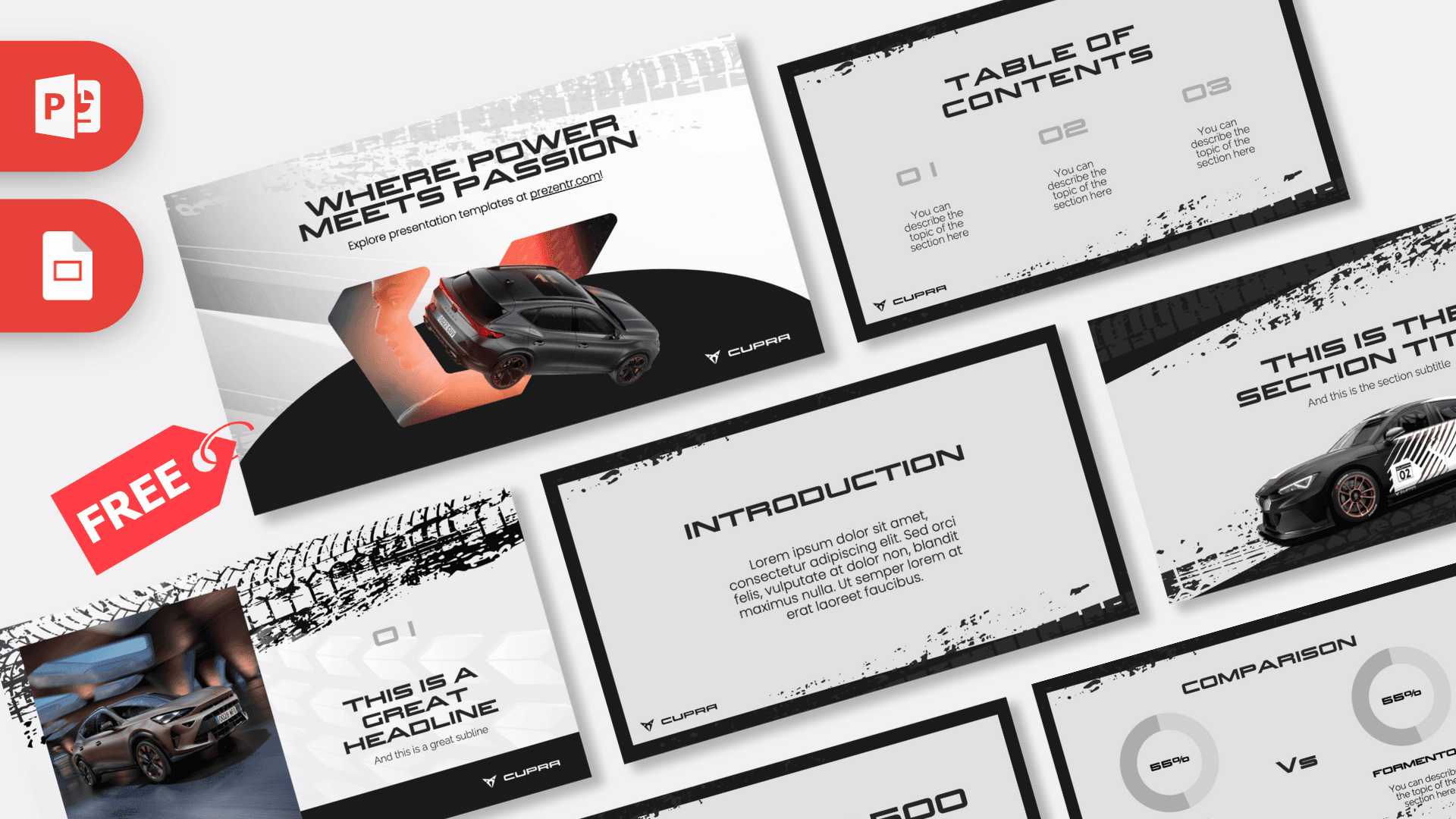 Cupra PowerPoint template cover slide with red accent, black car imagery, and modern geometric layout