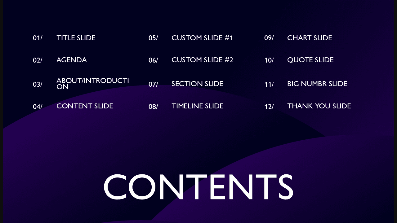 Dark Purple PowerPoint Template contents slide with numbered list layout and purple geometric shapes