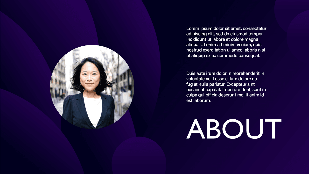 Dark Purple PowerPoint Template with circular photo frame, purple gradient background, and "About" section with Lorem ipsum
