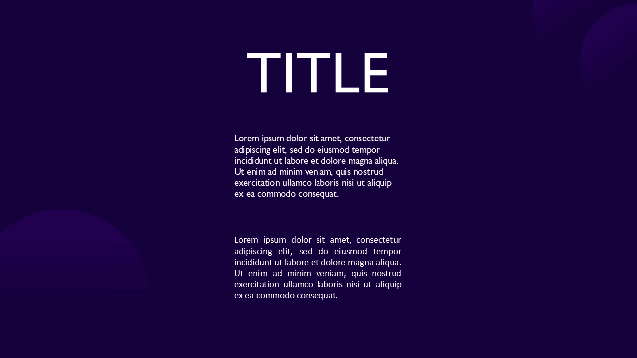 Dark Purple PowerPoint Template slide with white title text and Lorem ipsum body copy on deep purple background