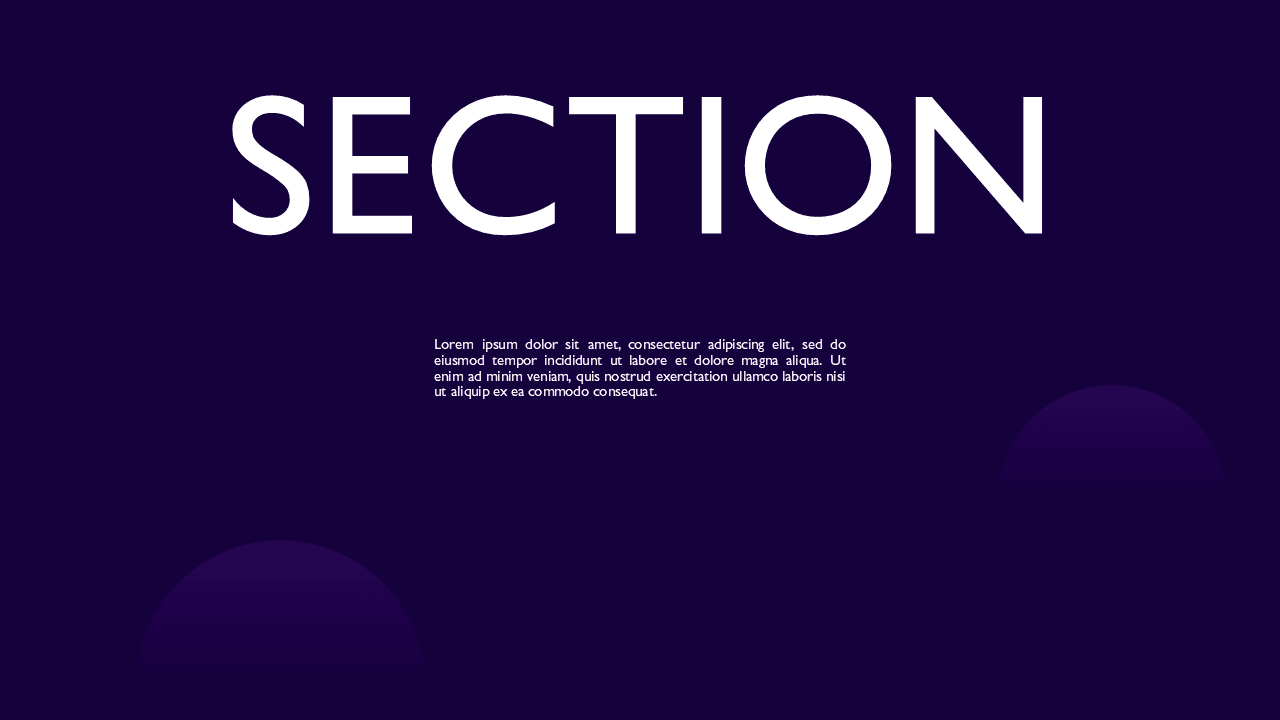 Dark Purple PowerPoint Template section slide with white title text and Lorem ipsum body copy on deep purple background